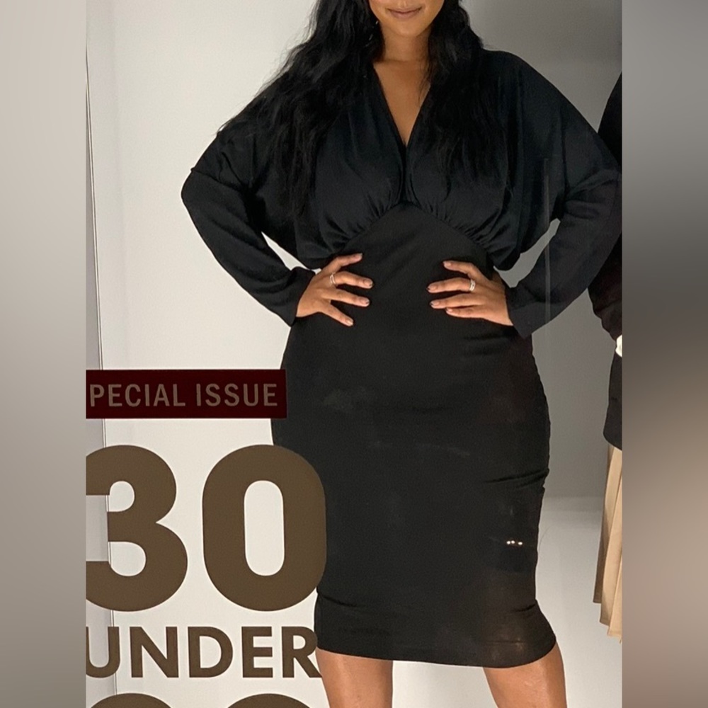 Long sleeve silk top midi dress - black